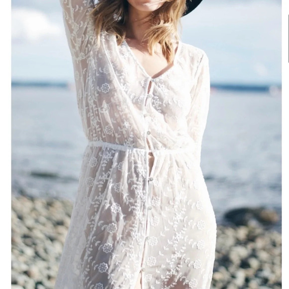 White Lacy Embroidered Maxi Dress Festival Summer Boho Kimono Medium - Picture 3 of 11